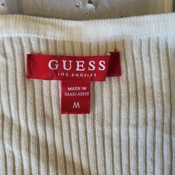 Guess Cream Ribbed V-Neck Top, Size Medium - Picture 4 of 5